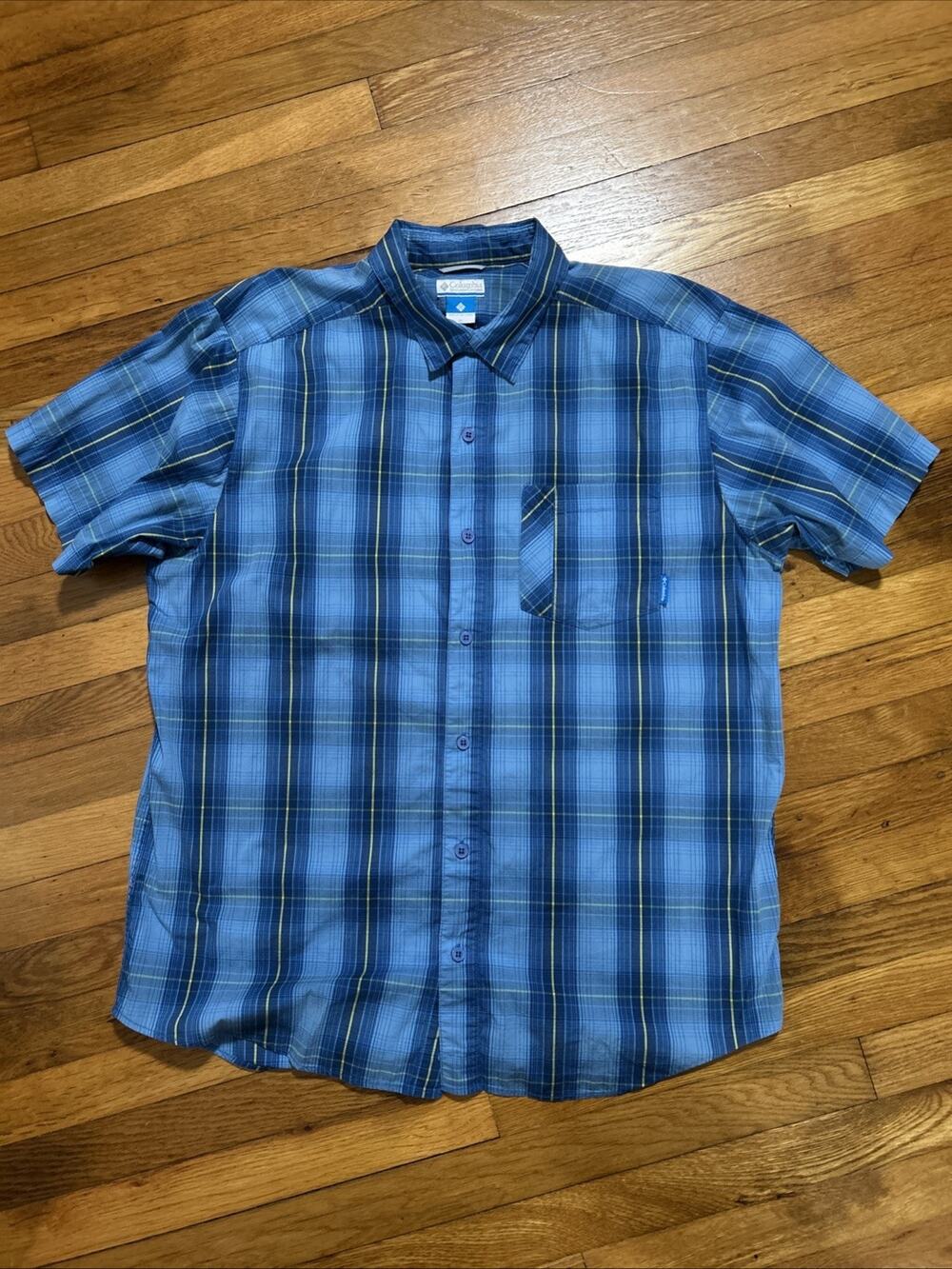 Columbia Omni-Wick Shirt Men sz XL Blue Short Sleeve Button Up plaid Check